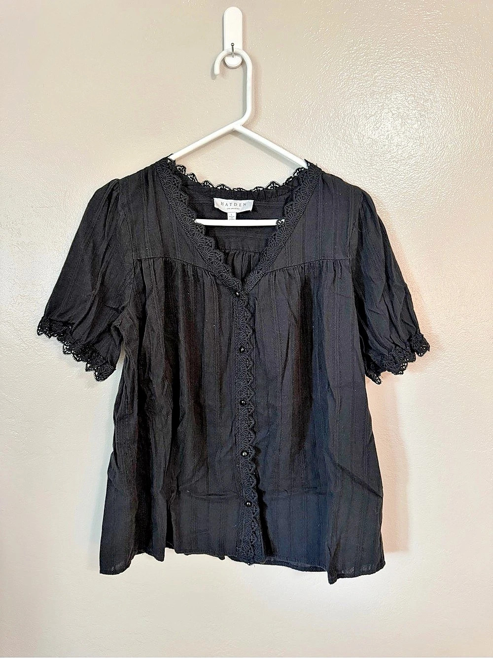 Hayden Lace Trim Cotton Blouse in Black Size Large
